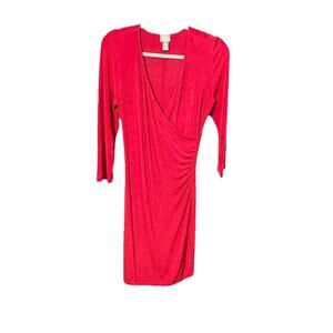 Travelers By Chicos Women 0 US S Red Faux Wrapped Gathered Side 3/4 Sleeve Dress